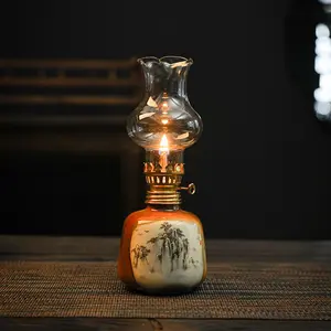 Hand-Painted Ceramic Oil Lamp, Adjustable Brightness Camping Lantern, Decorative Tabletop Light, Indoor Hurricane Nightlight, No Fuel Included