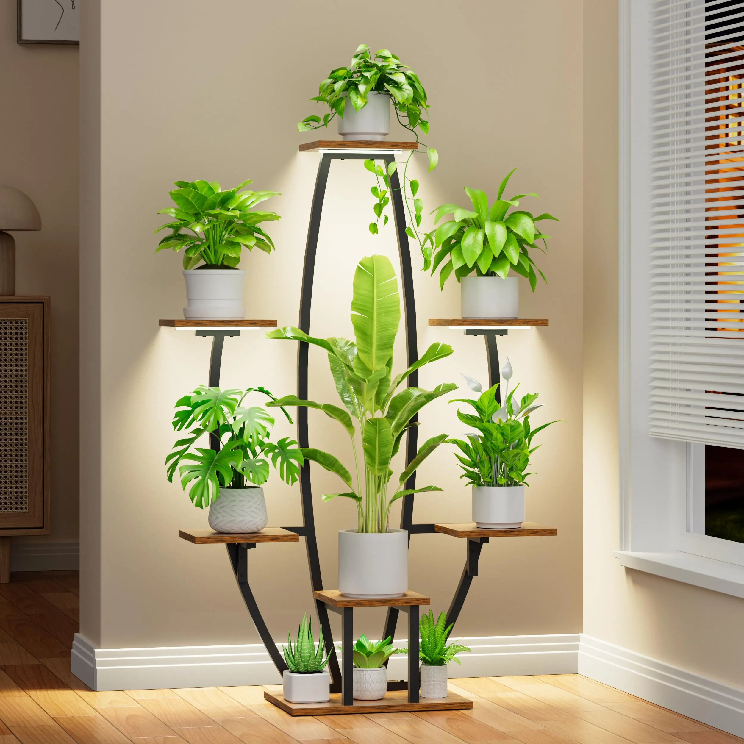 POZILAN Plant Stand Indoor with Grow Lights, 7 Tiered 47" Tall Metal Plant Shelf for Multiple Plants, Space Saving Corner Flower Pot Holder Rack for Living Room Bedroom
