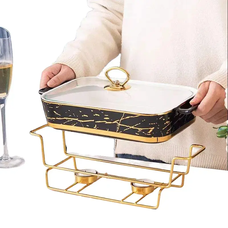 Premium Marble Finish Ceramic Roasting & Serving Pan – Heat-Resistant Glass Lid with Gold Handle & Sturdy Metal Base