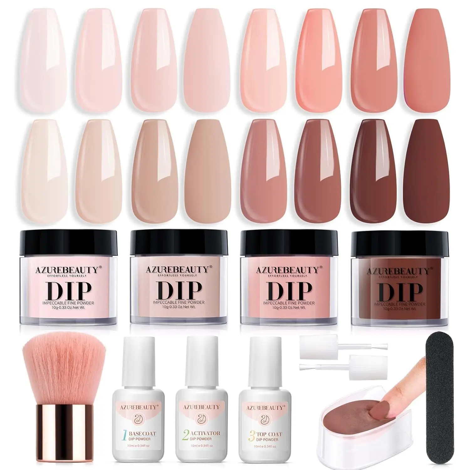 AZUREBEAUTY Dip Powder Nail Kit Starter, 4 All-Season Nude Skin-Tone Colors, Acrylic Dip System with Base Coat, Top Coat & Activator for French Manicure & Nail Care, Nail Supplies, Dip Powder Nails