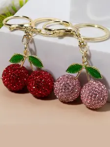 Red Diamond Cherry Bag Keychain | Rhinestone Keychain, Sweet And Cool Sparkling Style, Full Diamond Red Cherry, Gold-Edged Green Leaves, Metal Ring, Can Be Attached To Bags/Keys, Perfect For Daily Outings And Commuting Accessories For Girls