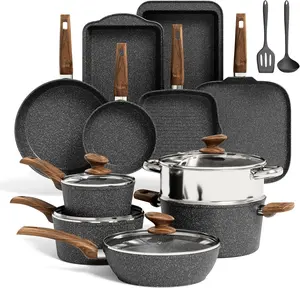 Kitchen Academy 17Pcs Pots and Pans Set Non Stick, Black Induction Cookware | Even heating, easy to clean granite. Healthy kitchen cooking experience, stay-cool handles. 100% PFOA & PFAS free.