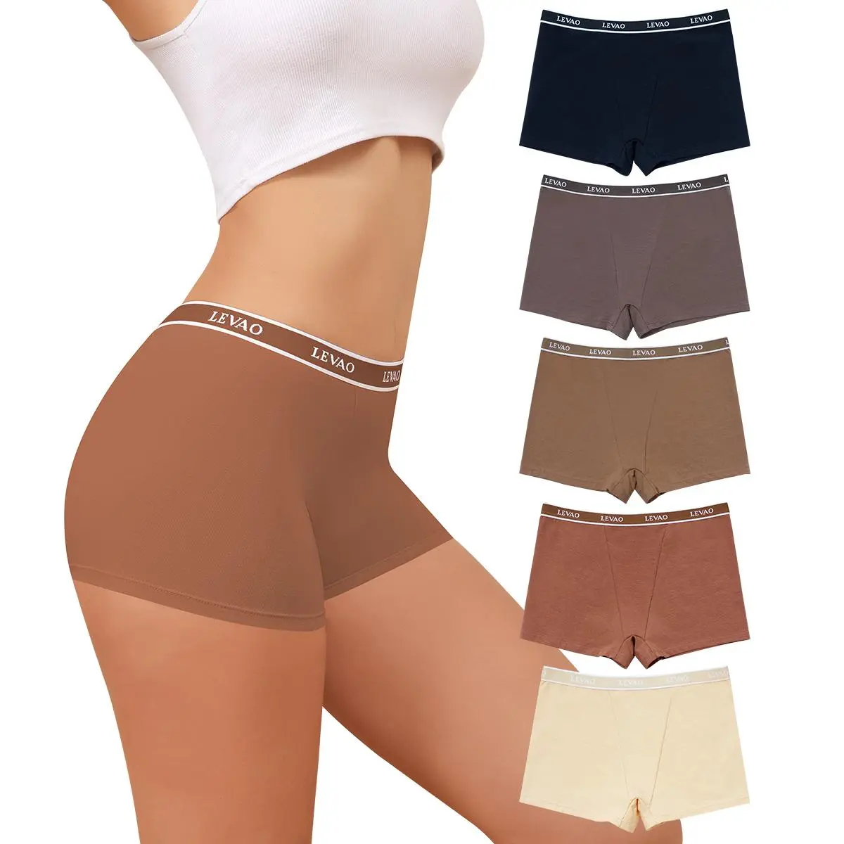 LEVAO Cotton Boyshort Underwear for Women High Waisted Full Coverage Boxer Brief Panties Soft Stretch Comfortable 5 Pack S-XXL
