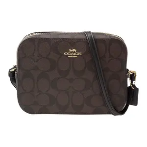 Coach Camera Collection 18 Classic Monogram Zip Closure Coated Canvas and Leather Crossbody Shoulder Bag for Women, Dark Brown
