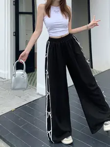 A women's retro design casual pants with a fashionable side bow tie, loose and versatile wide leg sweatpants, suitable for all seasons, suitable for home, indoor, and outdoor wear