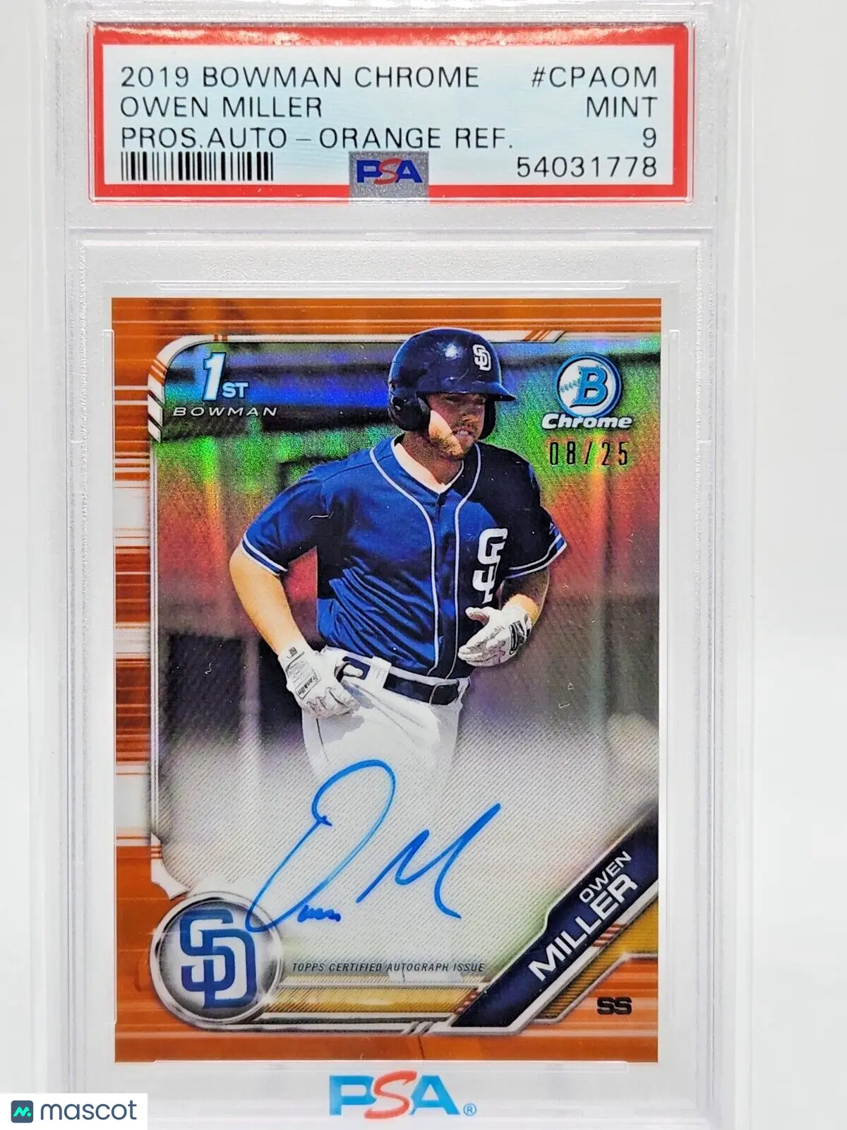 Owen Miller 2019 Bowman Chrome ORANGE Refractor Rookie Auto /25 PSA 9 Brewers