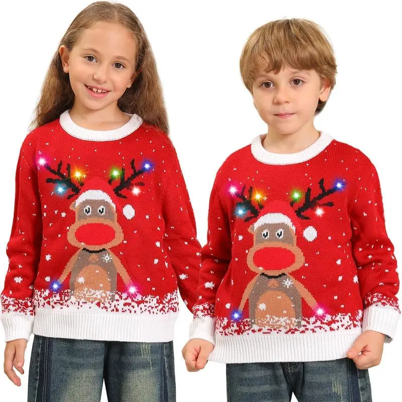 Ugly Christmas Sweater Kids,Light Up Funny Christmas Sweater Boys Girls 4-13T,Toddler Cute Red Reindeer Xmas Ugly Sweaters