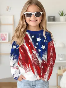 Brush Star-Spangled Banner Digital Print Long-Sleeve Crew Neck Drop-Shoulder Casual Sweatshirt Top T-Shirt Long-Sleeve, Girls' Long-Sleeve T-Shirt Clothing for Spring and Autumn, 100% Polyester, The Best Gift for Girls