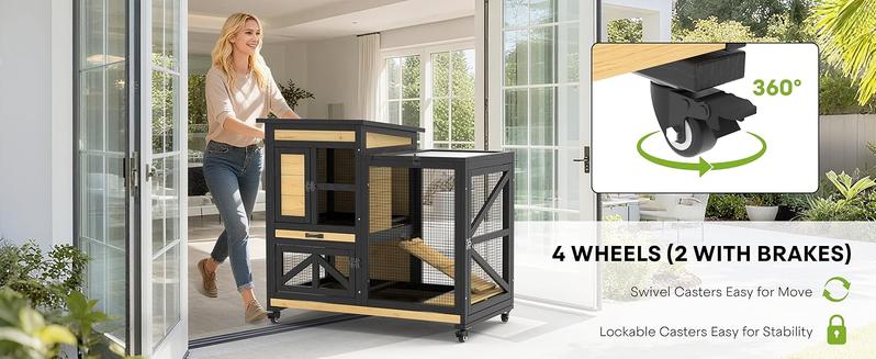 TIMHAKA 46.7" Elevated Rabbit Cage with Run Indoor & Outdoor Use Wooden Design 2 Removable Tray Waterproof Roof 4 Metal Wheels for Small Medium Animals