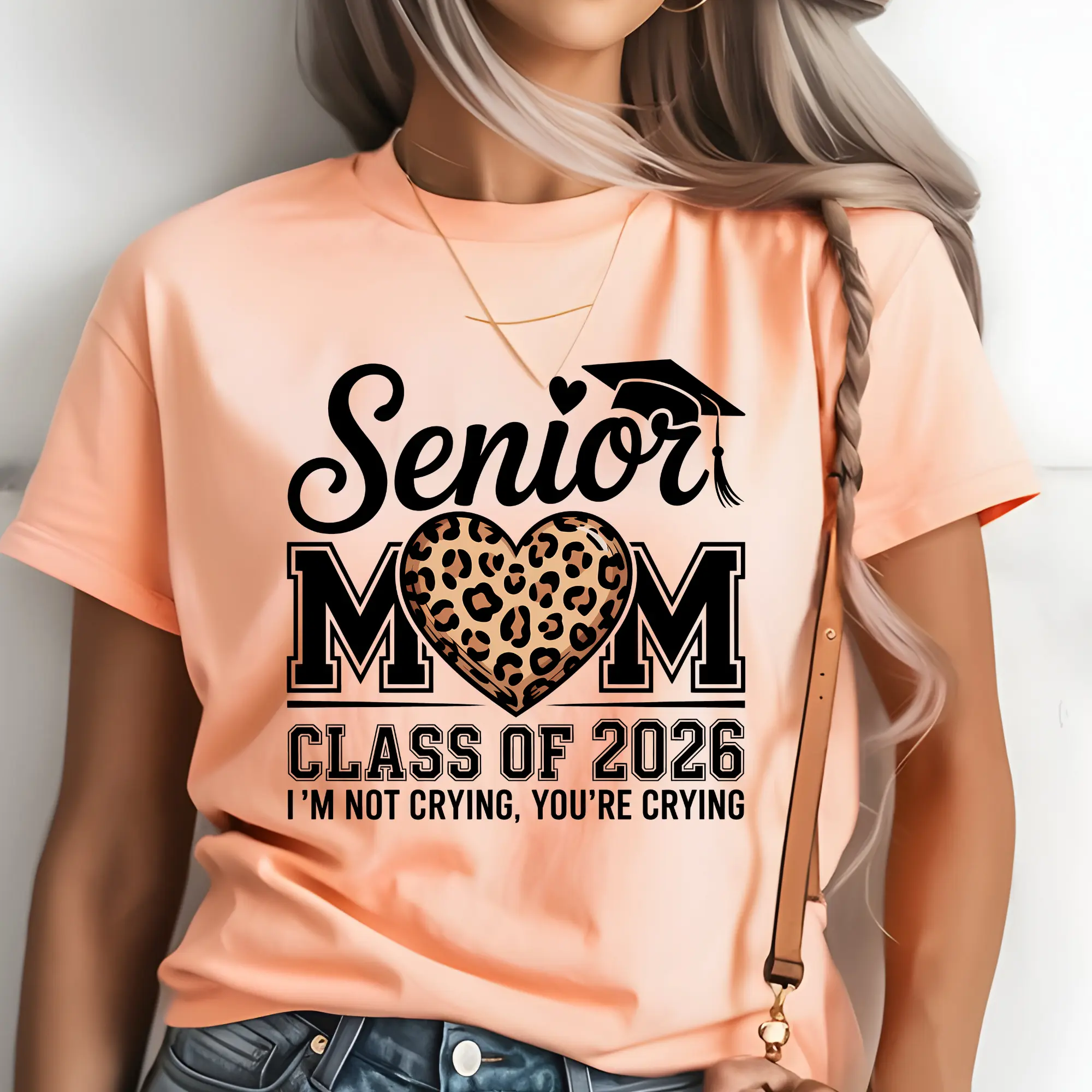 Senior Mom 2026 With Leopard Heart In Black Or White Direct To Film Print, DTF Print, Ready To Press Print For T-Shirts