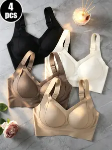 4-Pack Seamless Soft Lingerie Bras, Elegant Minimalist Solid Colors, Wide Straps, Wireless Comfort, No Underwire Bras, Breathable, Medium Support, Plus Size, Nylon Blend