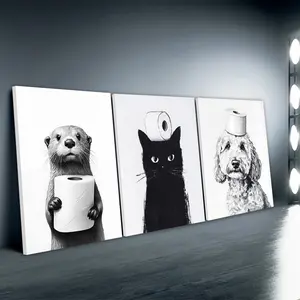 3pcs/Set Wooden Framed, Funny Black Cat, Dog , Otter Bathroom Print Poster, Cute Animal Design Bathroom Illustration Wall Art Canvas Painting, Black and White Bathroom Art Poster Print Wall Pictures, Bathroom, Toilet Wal Decor, Home Decoration