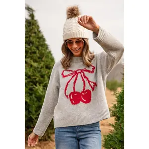FINAL SALE - Holiday Bow Cherry Heather Grey Sweater