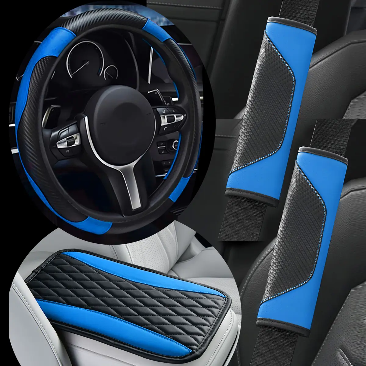 4pcs Classic Luxury Car Accessories Interior Set - Carbon Fiber Faux Leather Steering Wheel Cover, Central Armrest Pad, Belt Shoulder Pads, Non-Slip, Wear-Resistant, All-Season Compatible, Vehicle Accessories, Halloween, Christmas