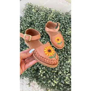 Girasol Nina Leather Sandals - Round Toe Sunflower Design Summer Footwear for Women & Girls Tactical Weight Bedroon Decor