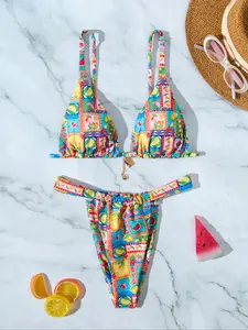 Two-Piece Set Women's All Over Fruit Print Metal Pendant Decor Bikini Set, High Stretch Casual Comfortable Adjustable Spaghetti Strap Tie Back Backless Swim Top & Swim Bottom for Beach Holiday Vacation, Ladies Swimwear for All Seasons, Tie Back Bikinis