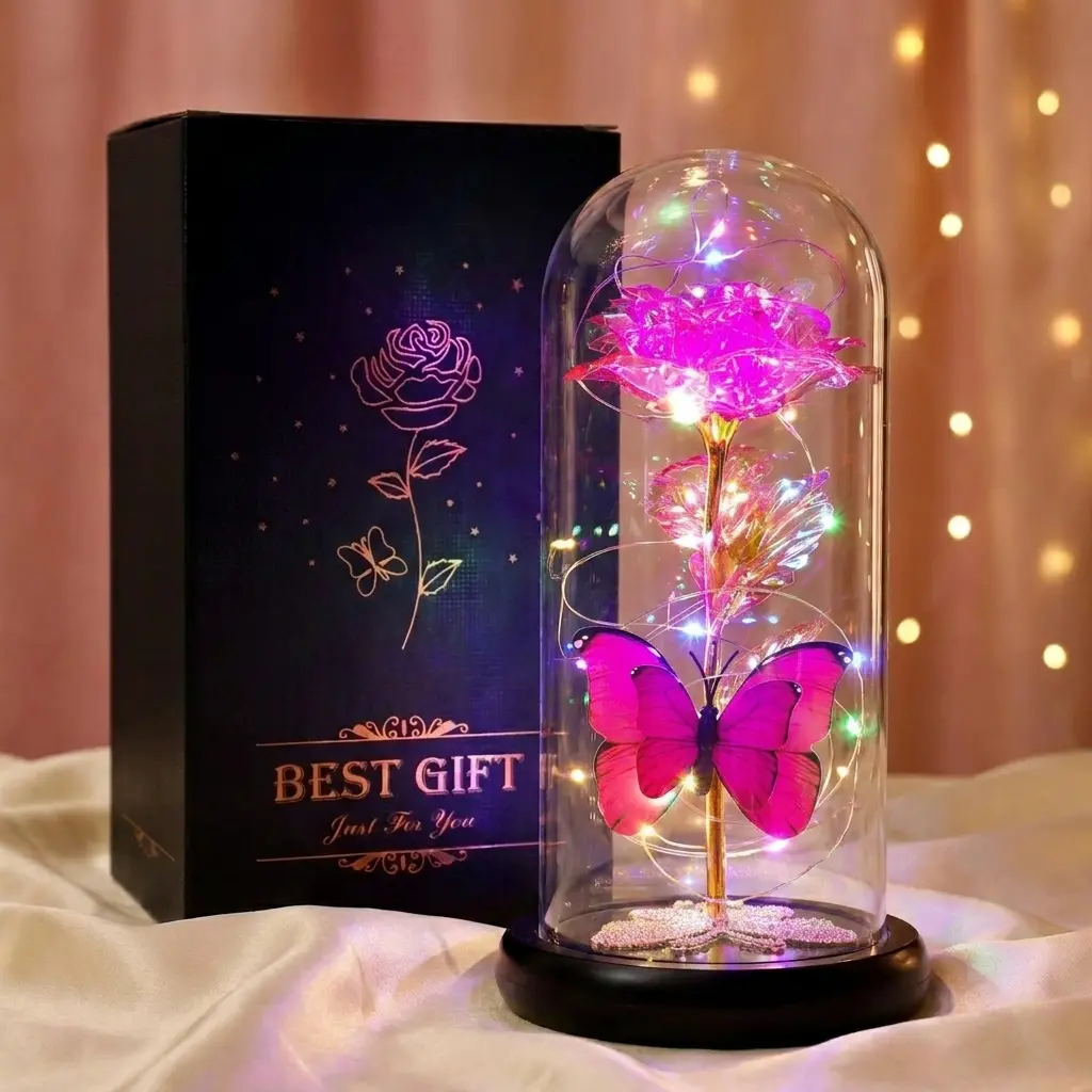 DEEMEI Rechargeable Light-Up Galaxy Rose Glass Dome - Romantic Room Decor & Birthday Gift for Her