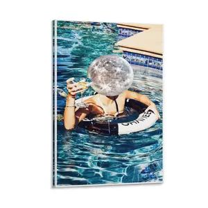 Disco Ball Decor for Summer Pool Party, Cocktail Canvas Wall Art Print in Preppy Trendy Blue for Bathroom, Bar Cart Decor And Bar Dorm Living Room Wall Canvas Poster Decor Gift Frames Ornaments Decoration Photo Artistic Hanging Frame-Style