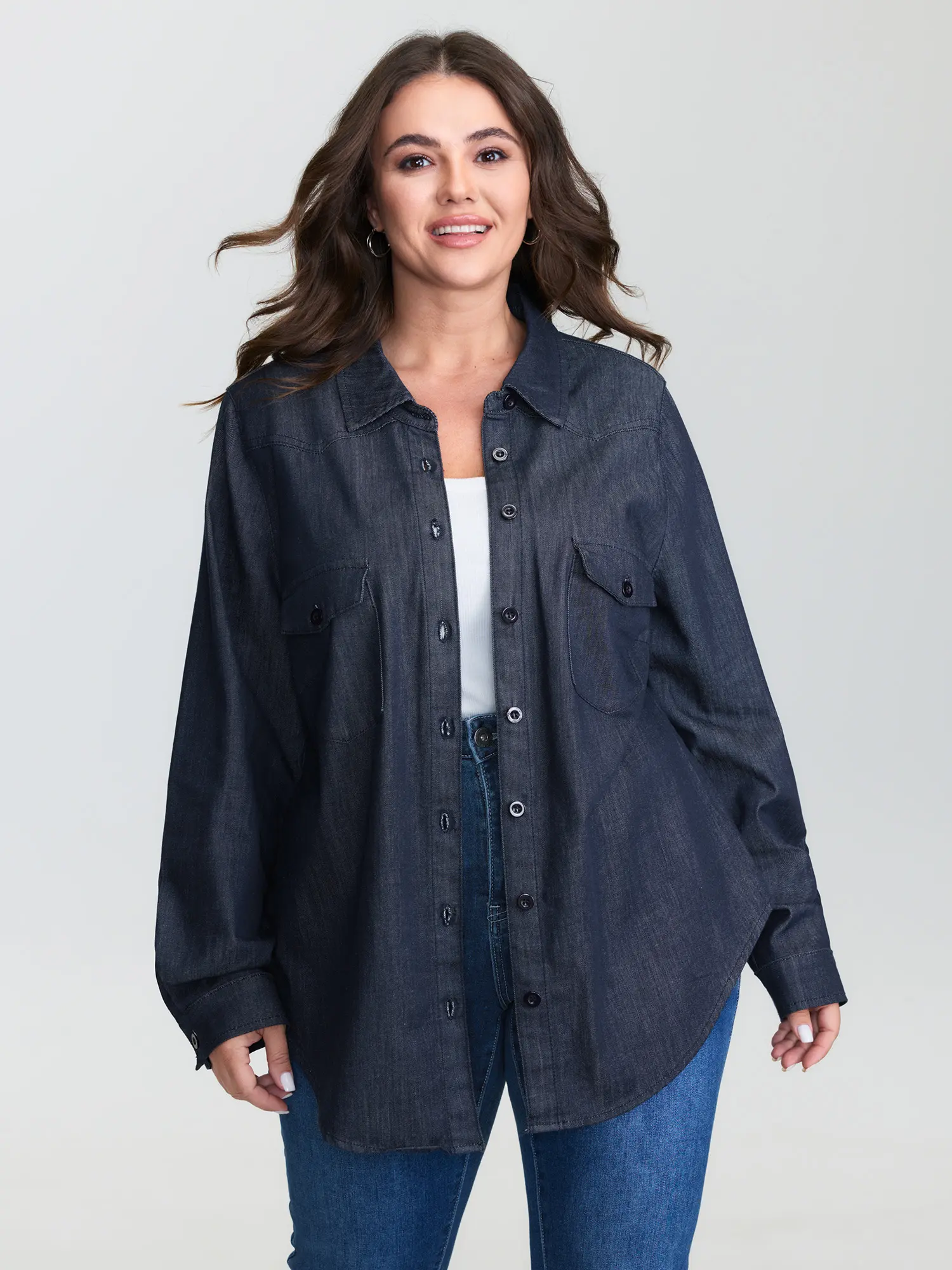 Women's Plus-Size Basic Long-Sleeve Cotton Denim Blouse - Button-Down Garment with Chest Flap Pockets, Spandex Blend, M-6X Sizes, 2026 Summer Essential Fit Clothes,Summerfinds