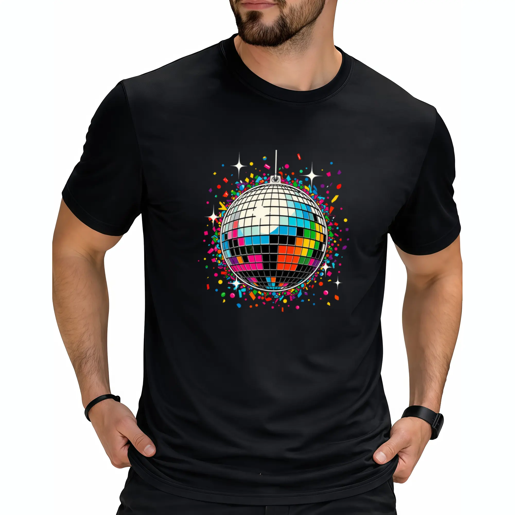 Retro Confetti Disco Ball Party T-Shirt - Suitable for - Wear, Round Neck Regular Fit with Confetti & Disco Ball Graphic Print, Machine Washable for Themed Parties, Nightclub Events, Casual Outfits - Male Fashion
