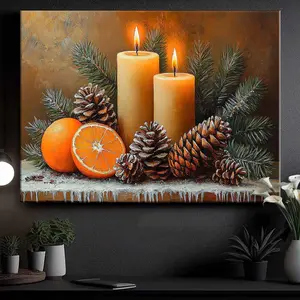 Framed Canvas Art Print, Warm Candlelight Pinecone Scene, 12x16 Inch Wall Decor for Winter Christmas Home Decoration