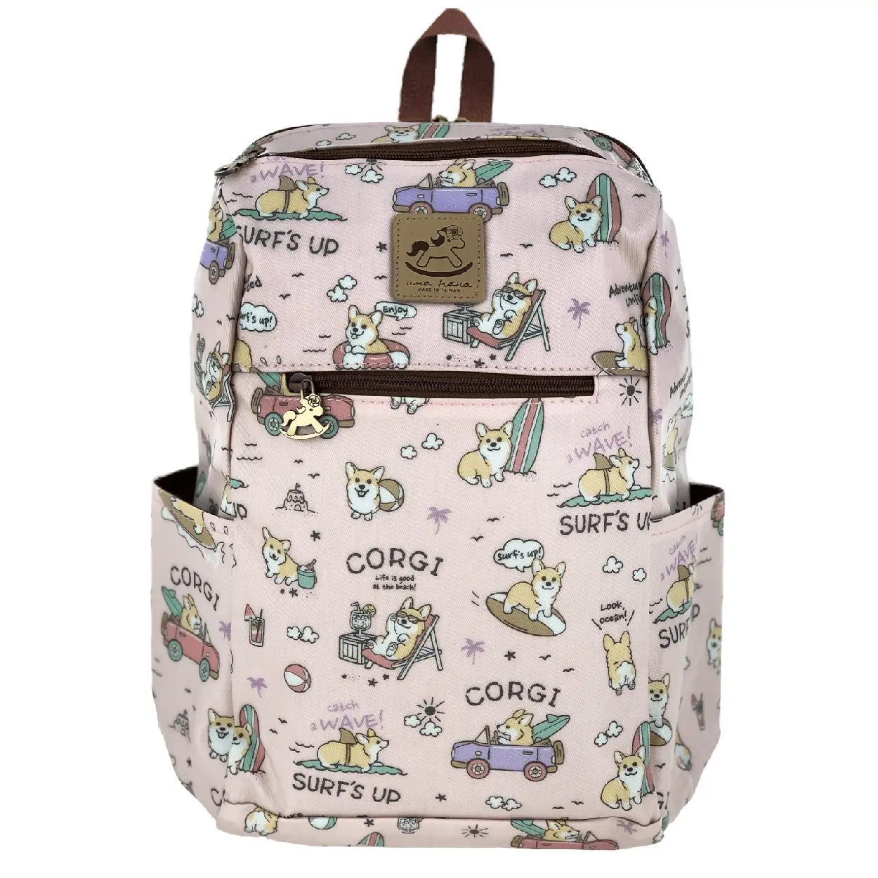 Pink Surfing Corgi Zipper Backpack