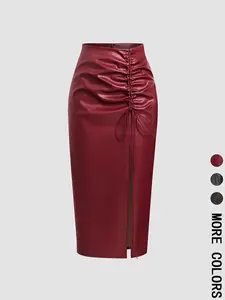 Women's Ruched Drawstring Split Thigh Pu Leather Skirt, Fashion Casual High Waist Long Skirt for Daily Wear, Women's Bottoms for Spring & Fall