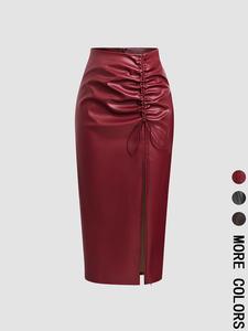 women's ruched adjustable drawstring split thigh pu leather skirt, fashion casual high waist long skirt for daily wear, women's bottoms for spring & fall, formal womenswear