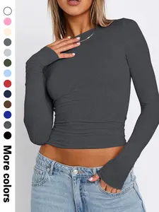 Women's Slim-Fit Sexy Round Neck Long Sleeve Basic Crop Top, All-Seasons Thin Fabric, Available in 13 Colors, Perfect for Casual Wear