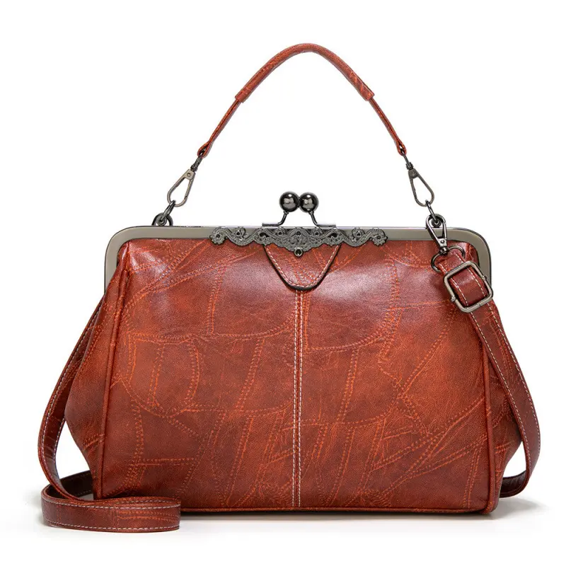 Vintage PU Leather Shoulder Bag for Women, Geometric Kisslock Satchel with Multifunctional Large Compartments, Adjustable Crossbody Purse, Adjustable Crossbody Purses, Casual Crossbody
