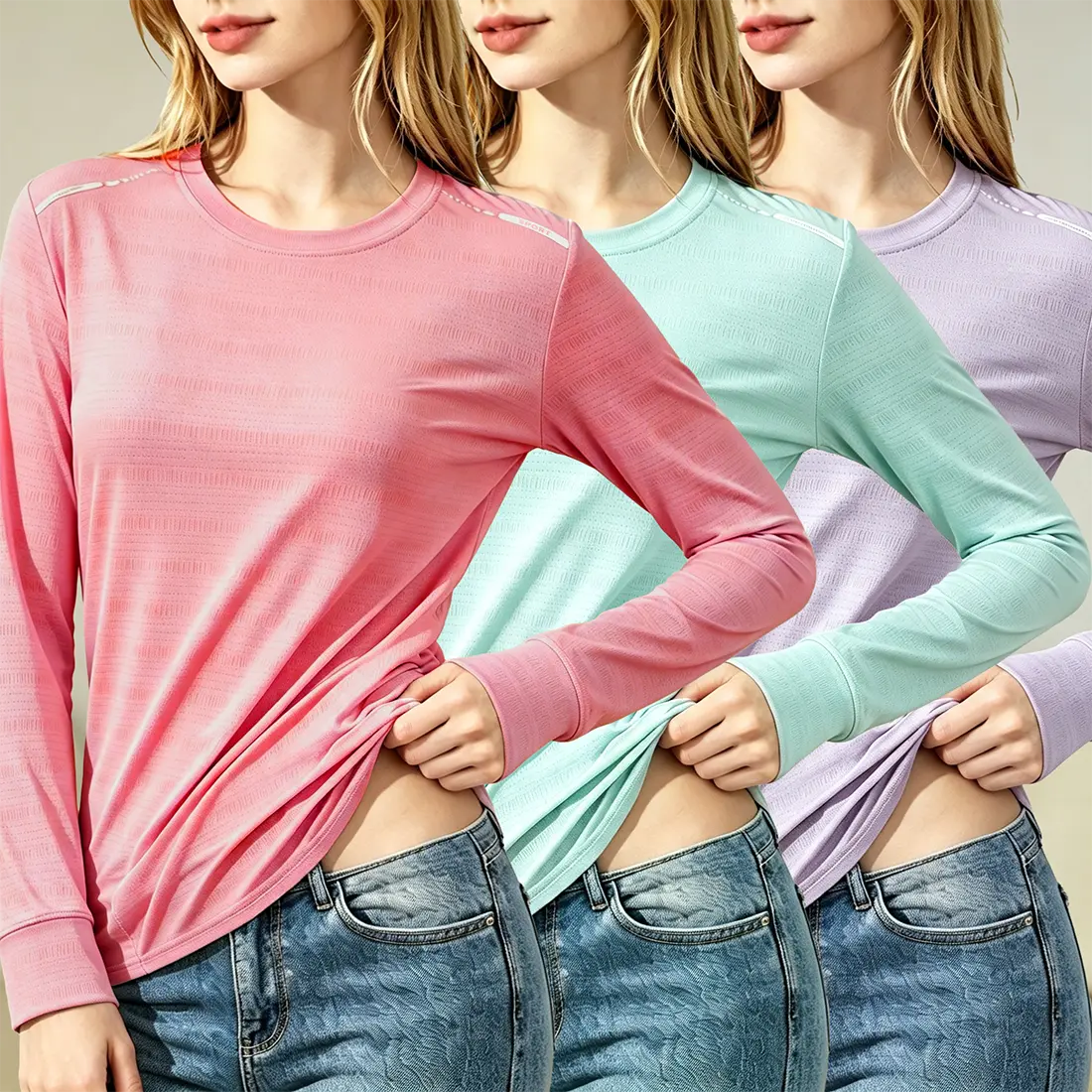 3-pack women’s quick-dry mesh long-sleeve sports tops, lightweight design, moisture-wicking and breathable, running workout T-shirts, lightweight crew-neck gym training athletic shirts