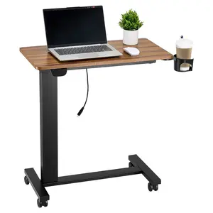 Adjustable Mobile Standing Desk with Wheels Overbed Table, Mobile Bed Side Table with 4 Wheels, Electric Lifting with Upgrade Button, Rolling Laptop Desk with Cup Holder, Height Adjustable Overbed Desk for Home, Office, Study, Wood+Black