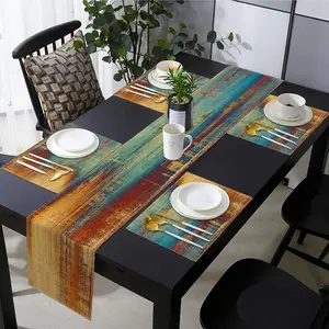 Blue And Orange Table Runner And Placemats, Vintage Abstract Distressed Rusty Painting Art Table Decoration, Suitable For Halloween Party Evening Kitchen Restaurant Table Decoration