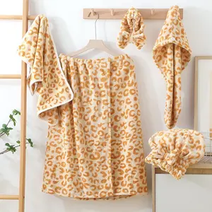 Vintage Leopard Print Bathroom Set, 5 Counts/set Including Bath Skirt, Absorbent Thickened Towels, Hair Band & Dry Hair Cap, Soft & Absorbent Bathing Supplies