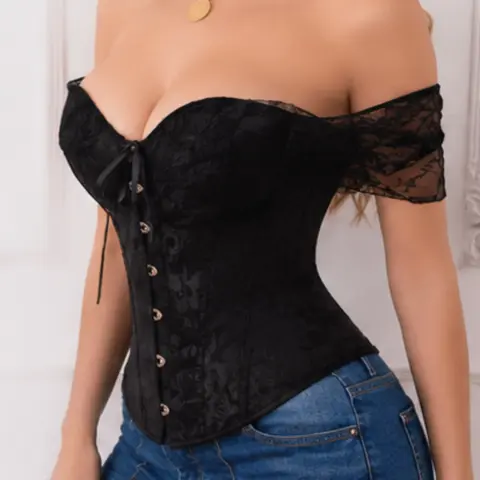 Women's Off-Shoulder Lace Corset Top, Vintage Floral Bustier, Lace Up Back Waist Shaping Top, Corset Style Shapewear, Party Clubwear