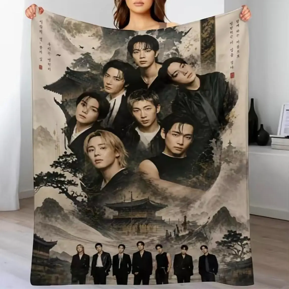 Kpop Member Photo Collage Fleece Blanket - Korean Style Portrait Throw, Vintage Landscape Art Design, Soft Plush for Sofa Bed, Fan Room Decor Gift
