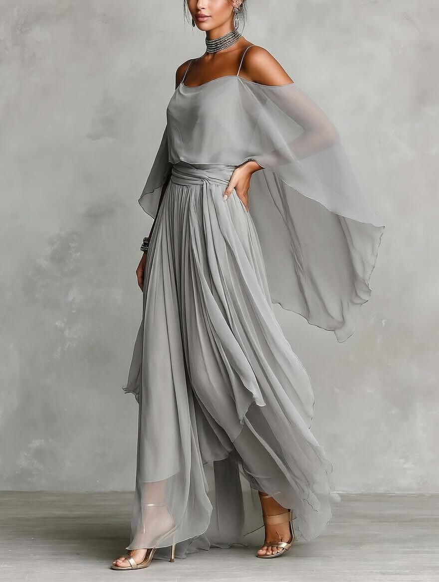 Women's Elegant 2 Piece Chiffon Pant Suit Set - Cold Shoulder Draped Top & Flowy Wide Leg Palazzo Pants Wedding Guest Outfit