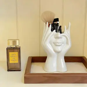 Decorative facial makeup brush storage box, white ceramic sculpture design, makeup product storage box, suitable for vanity table
