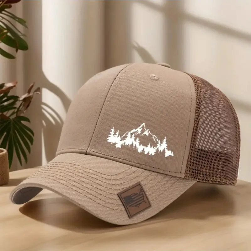 Unisex Adjustable Trucker Baseball Cap, Polyester Outdoor Hat with Mountain Forest Graphic Print, Breathable Mesh, Sweat-Absorbing Curved Brim, Leather Patch, Women's Spring Summer Fashion Accessory, Adjustable Trucker Hat, Outdoor Hats