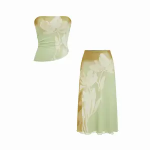 Cider Mesh Floral Wrap Tube Top & Mid Rise Pencil Maxi Skirt Set