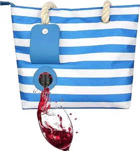 Beach Wine Tote Bag, Wine Cooler Bag Leakproof Insulated Purse Carrier with Spout Hidden Compartments, Holds 2 bottles of Wine for Travel, BYOB Restaurant, Party, Dinner