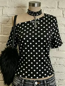 Y2K Millennial Girl Top, Polka Dot Asymmetrical Shoulder T-Shirt, Classic Print, Loose Fit, Navy, Retro Style