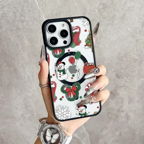 Mickey Christmas Crystal MagSafe Magnetic Snap TPU Case - Transparent, Slim Fit, Shockproof, Wireless Charging, Magnetic Closure for iPhone 17/16 Pro Max,15 Pro,14,13,12 Mini,11,XR,XS Plus,SE (Magsafe Compatible, Lightweight for Commuting)