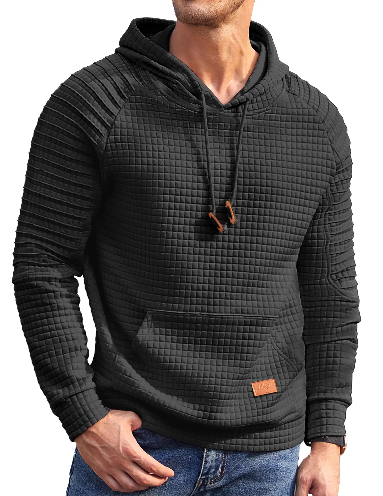 COOFANDY Men's Waffle Knit Hoodie Pullover - Long Sleeve, Drawstring, Kangaroo Pocket, Casual Style with Denim, Plaid, Lace, Spandex Accents, Stretch, Slacks, Tops, Menswear