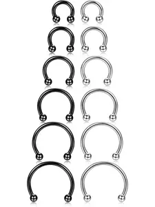 12 Pcs Mixed-Size Silvery Black Split Horseshoe Septum Rings for Women Men 6/8/10/12/14/16mm Surgical Steel Nostril Rings Hoop Cartilage Helix Tragus Ear Ornaments Daith Lip Conch Piercing Hoops Round Barbell Body Piercing Jewelry for Everyday Wearing