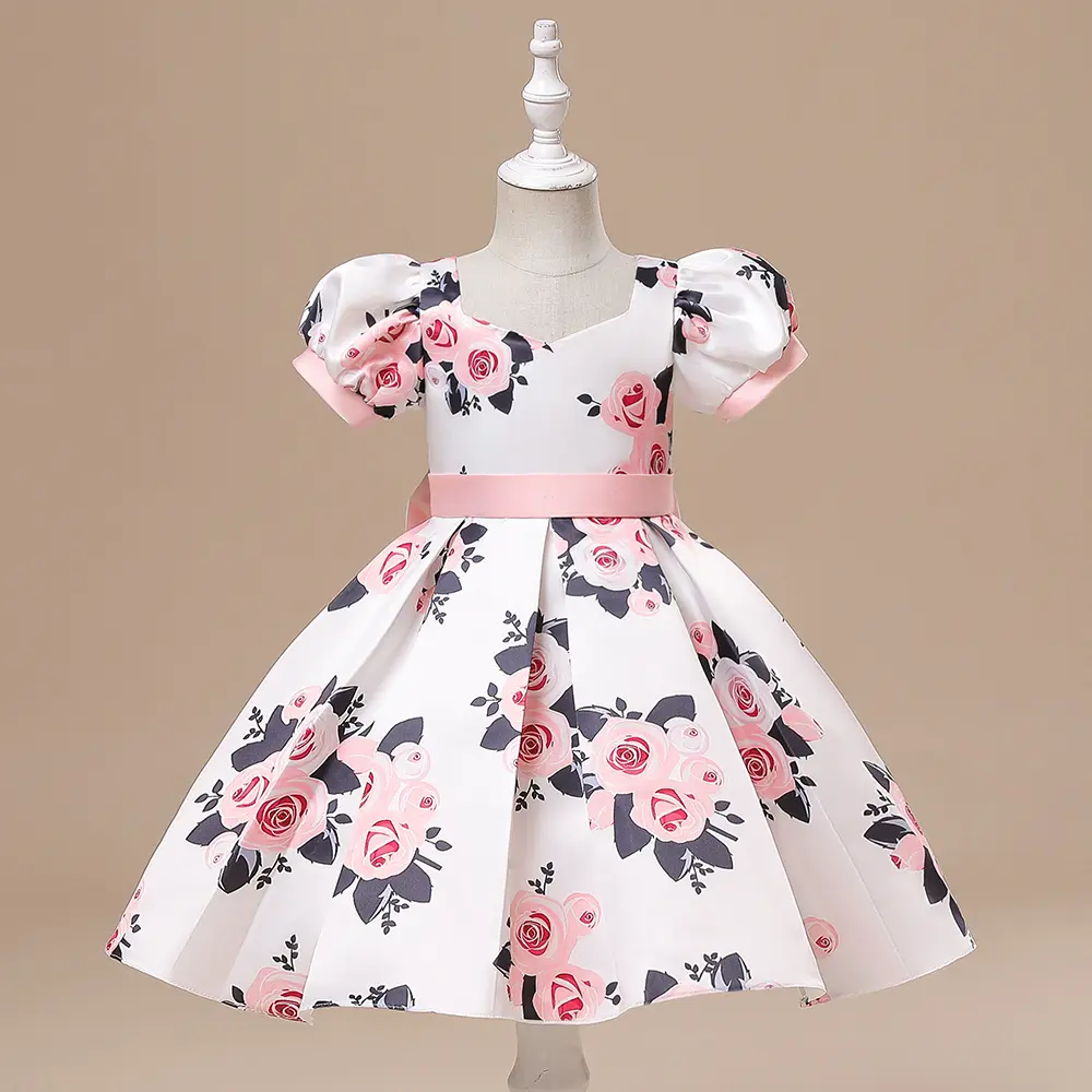 3-10Y White 5333 Floral Kids Clothes Bow Rose Flower Girls Frock Blue Ball Gown Pageant Children Elegant Princess Prom Host Formal Evening Party Banquet Cocktail Dress