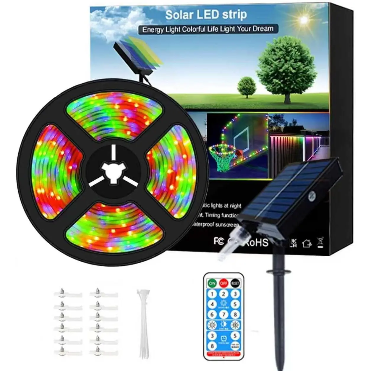 20ft Solar LED Strip Lights (Four-Color Fixed) - 336 LEDs Auto /Off, 8 Modes with Remote Timer,  Self-Adhesive for Outdoor Decor, Patio, Poolside, Camping