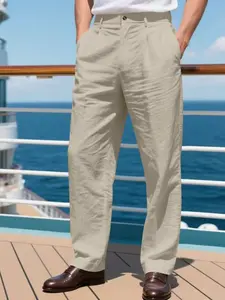 Men's Linen Blend Straight-Leg Pants, Casual Loose-Fit Business Wear, Spring & Fall Fashion Trend, Comfortable Daily