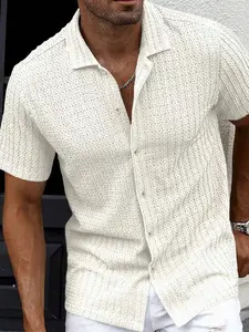 Men's Solid Color Casual Short Sleeve Shirt - Random Print Button Down Top