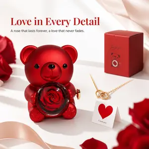 【Necklace Included】Cute Teddy Bear with Preserved Rose -A Real Rose Flowerin Bear with Elegant Gift Box -Romantic Gift for Her in Mother's Day, Weddings, Anniversaries, and Bridal Showers,Christmas and Valentine's Day gifts